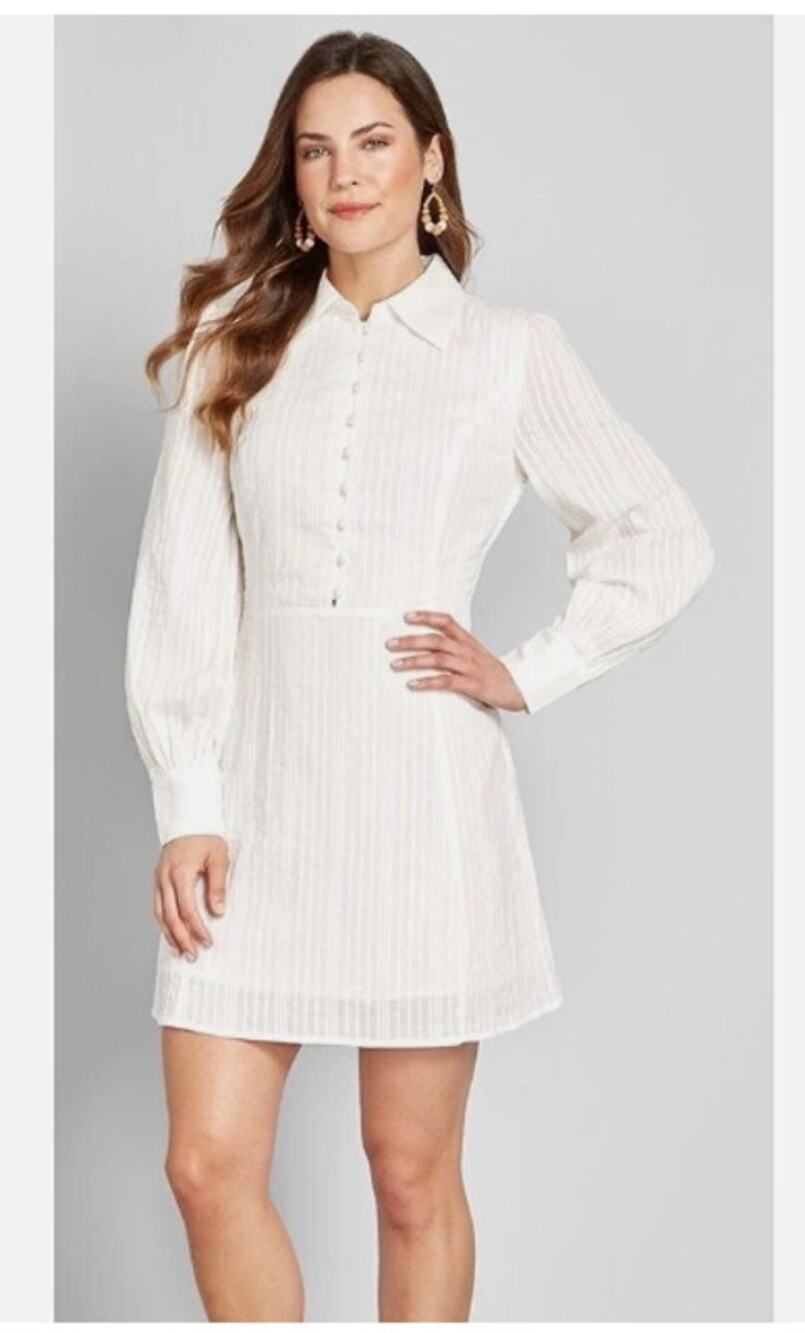 ModCloth Women's 6 Success Story Collared Mini White Dress Long Sleeve Bridal